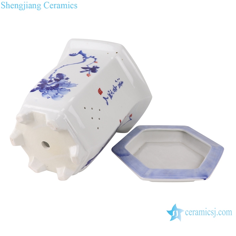 RZTE05 Blue and white peony pattern hexagonal flower pot with base