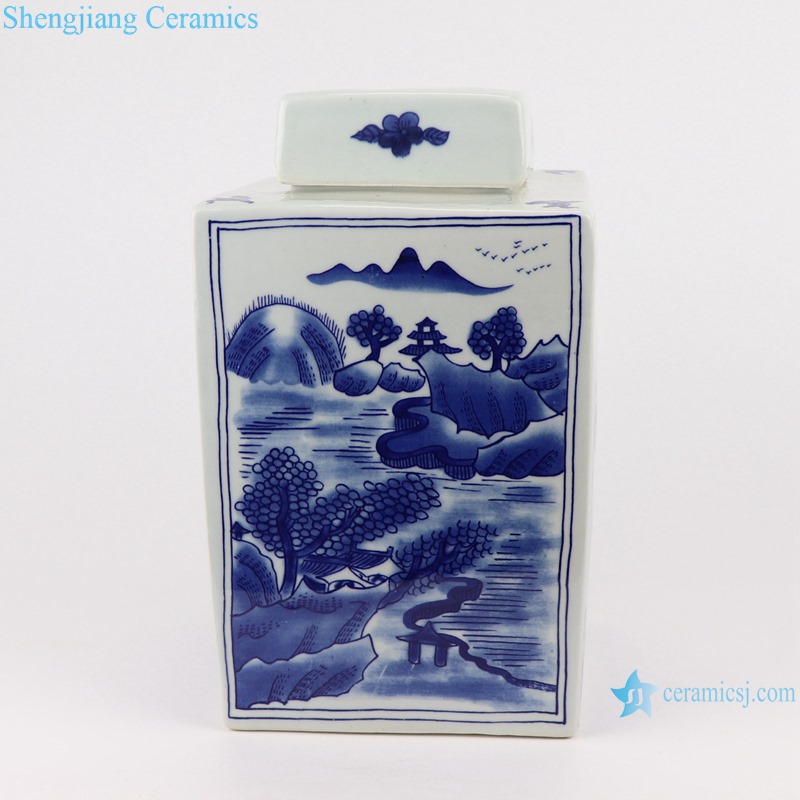 Blue&white flowers and birds landscape pattern square pot tea canister