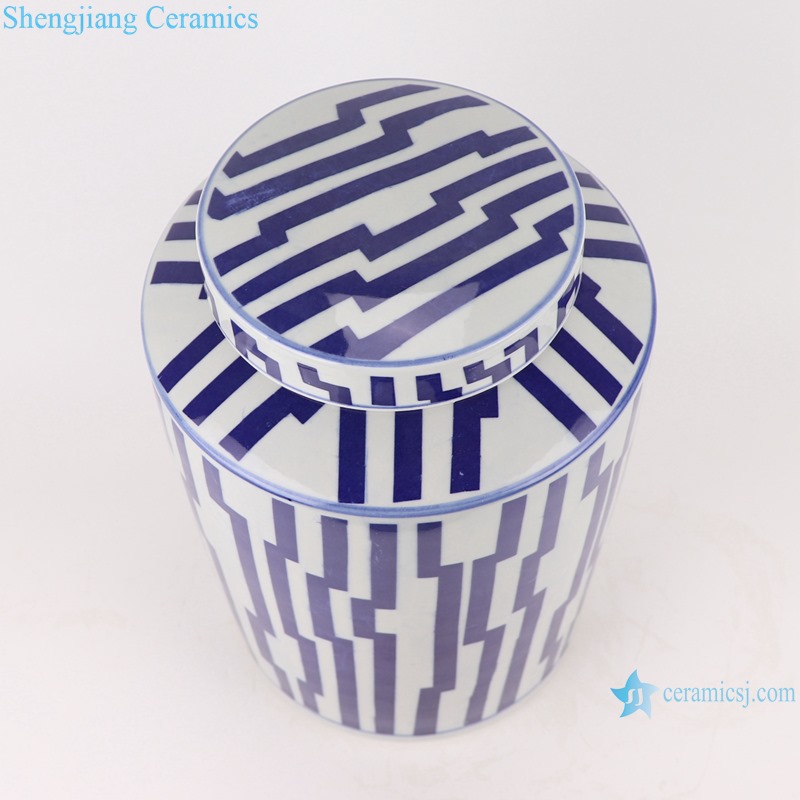 RYNQ266 Blue and white Geometric Line Pattern Round Tube storage Ceramic jars tea canister candy Box with lid
