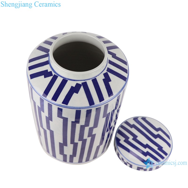 RYNQ266 Blue and white Geometric Line Pattern Round Tube storage Ceramic jars tea canister candy Box with lid