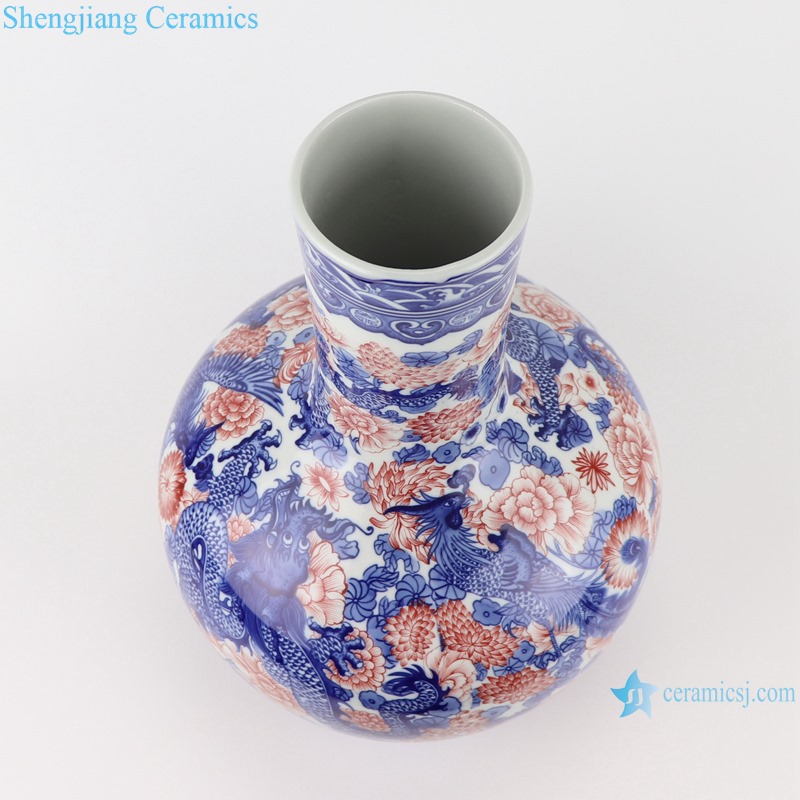 RYUJ32 Blue and white Porcelain sphere Bottle Dragon and phoenix Red Peony flower design Ceramic Vase