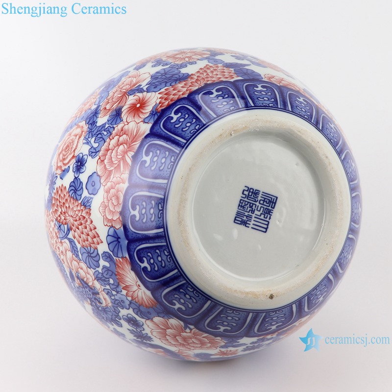 RYUJ32 Blue and white Porcelain sphere Bottle Dragon and phoenix Red Peony flower design Ceramic Vase