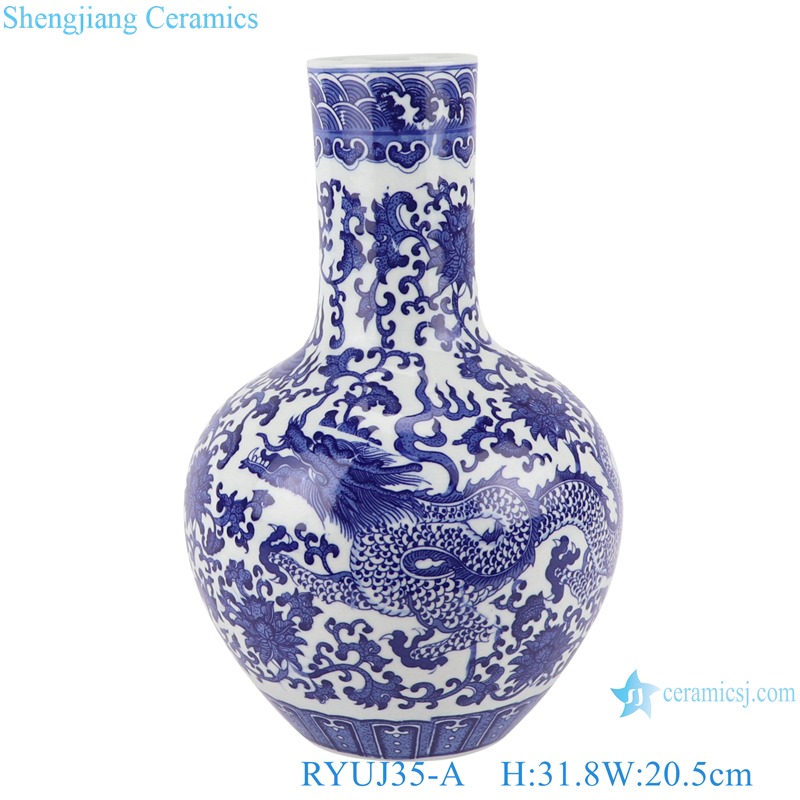 RYUJ35-A-B Antique blue and white porcelain Dragon winding Leaf Hand Drawing Ceramic Vase 