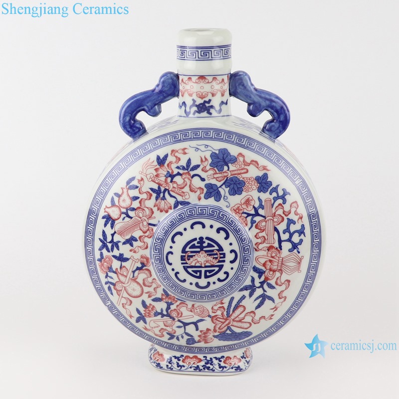 RYUJ36-A-B Ancient Blue and white Porcelain Flower pattern ceramic holding moon shape vase with two ears