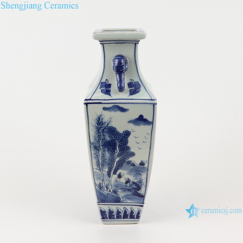 Blue and white landscape square amphora porcelain vases