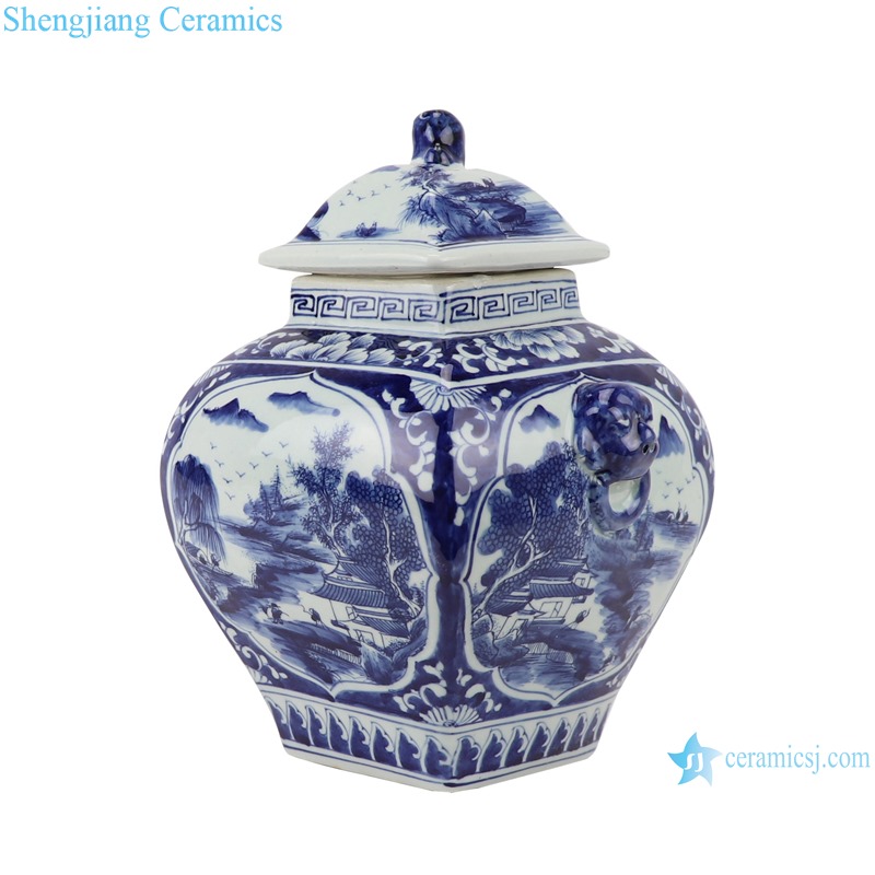 Blue&white landscape pattern with lion head lid pot belly general pots