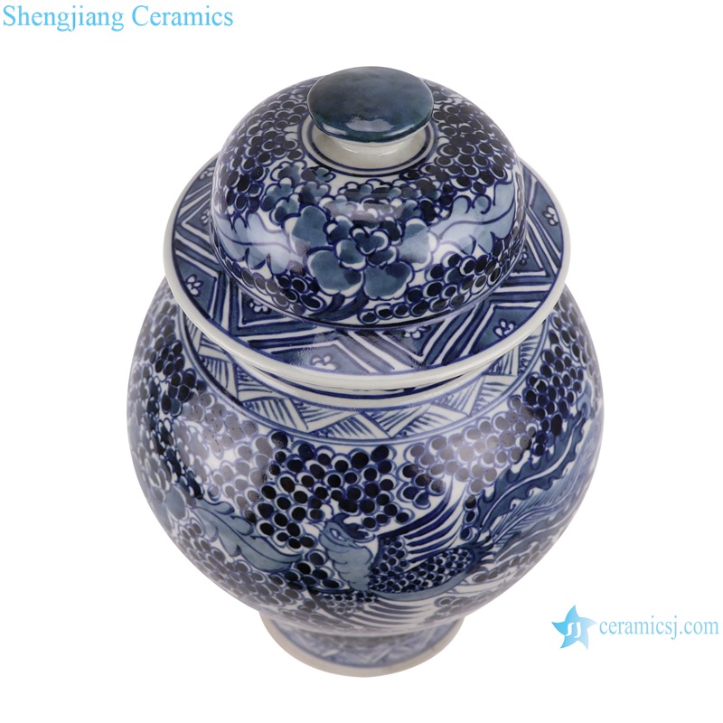 Blue and white phoenix design porcelain general pot with lid