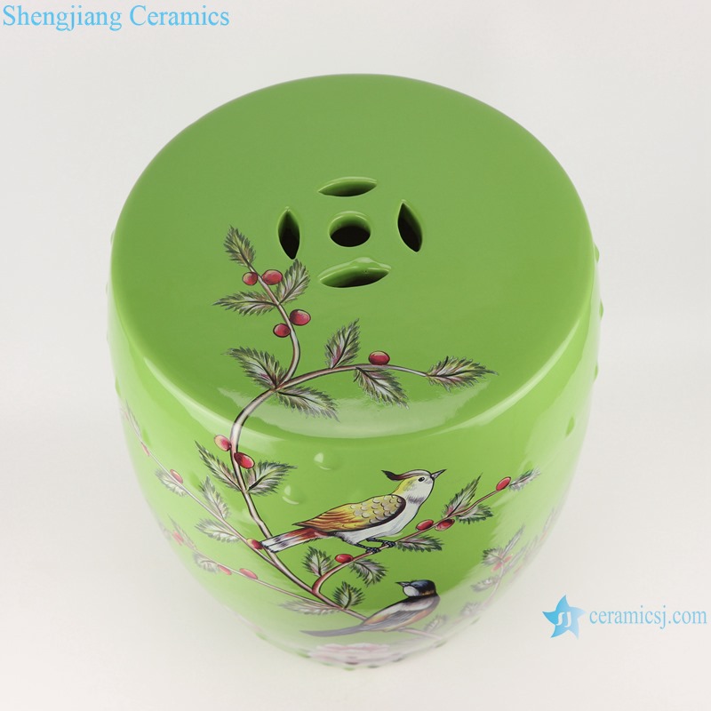 Color glaze green peony flowers and birds porcelain stool