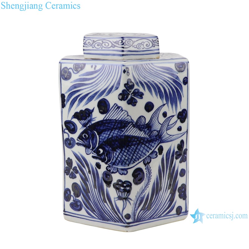 RZKR27 Home storage jars Blue and white porcelain antique polygon storage pot Tea Canister