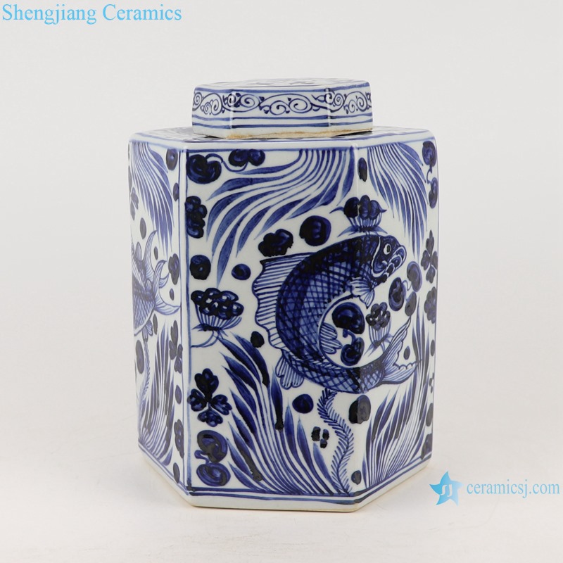 RZKR27 Home storage jars Blue and white porcelain antique polygon twinning flower Fish bubbles storage pot Tea Canister