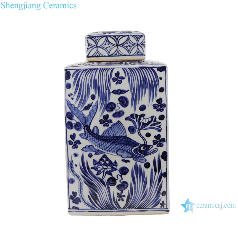 RZKR28 Antique Blue and white porcelain square lotus flower storage jars pot Tea Canister
