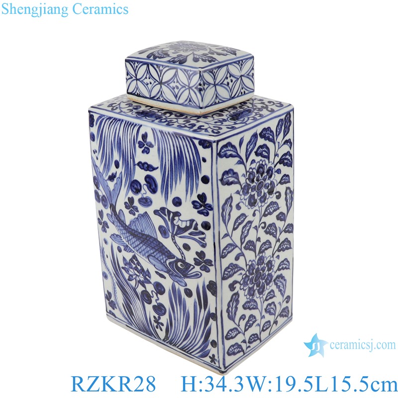 RZKR28 Antique Blue and white porcelain square twinning lotus flower Fish bubbles home storage jars pot Tea Canister