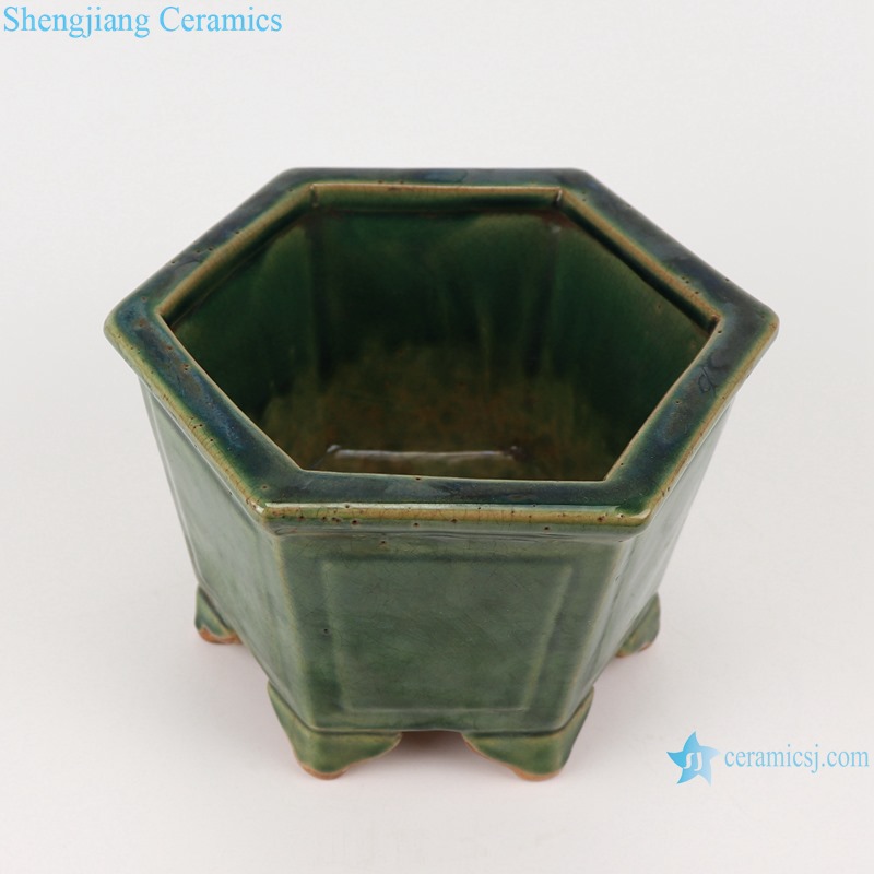 RZKR31 Jingdezhen hexagon shape Color green glazed flower pot garden planter Temple incense burner tower