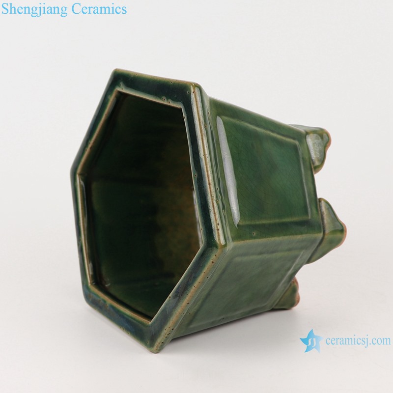 RZKR31 Jingdezhen hexagon shape Color green glazed flower pot garden planter Temple incense burner tower