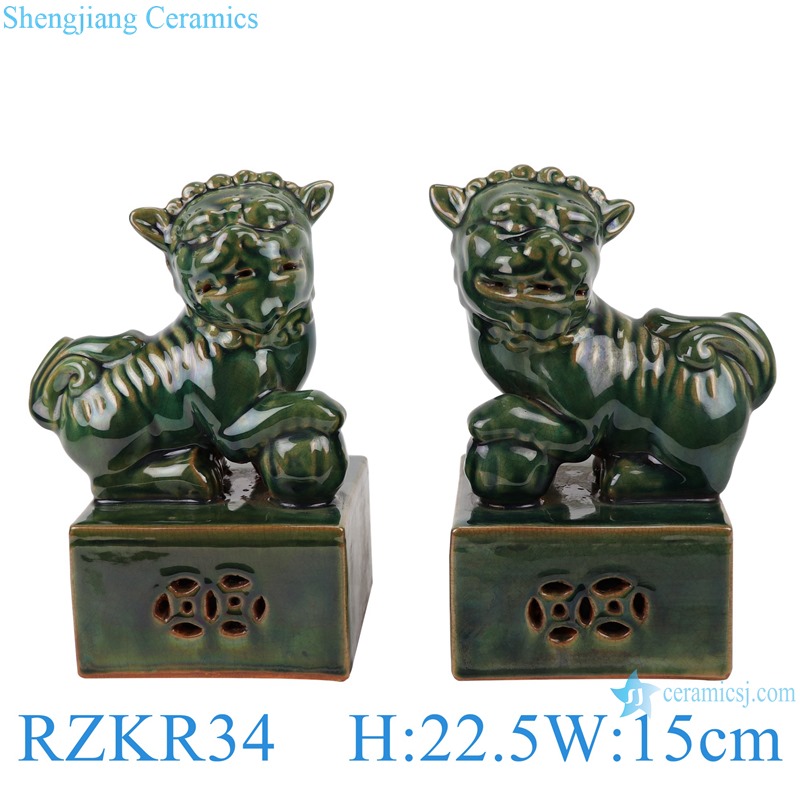RZKR34 Antique deep green glazed a pair pug dog Ceramic poodle foo dog home decoration furnishing articles