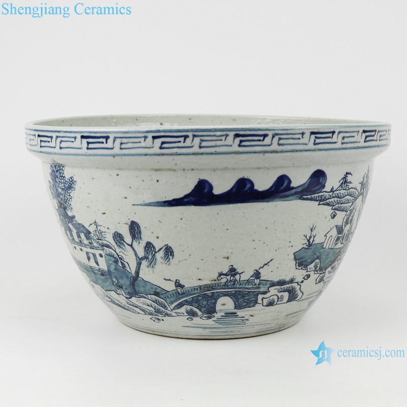 Blue and white landscape pattern bowl & flowerpot