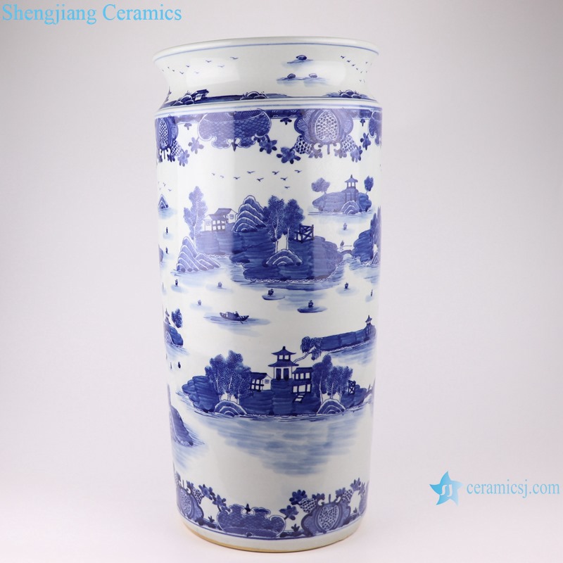 Blue and white wutong landscape pattern umbrella stand 