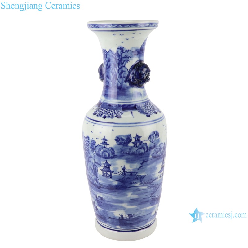 RZSC17 Vintage Jingdezhen Antique blue and white porcelain Landscape House River With two lion head Large floor vase