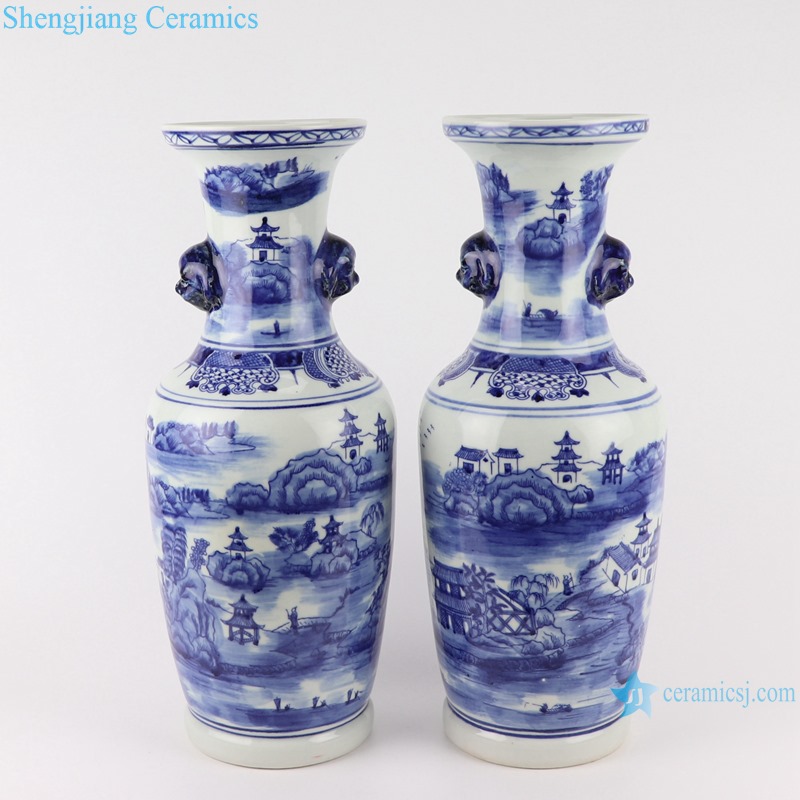 RZSC17 Vintage Jingdezhen Antique blue and white porcelain Landscape House River With two lion head Large floor vase