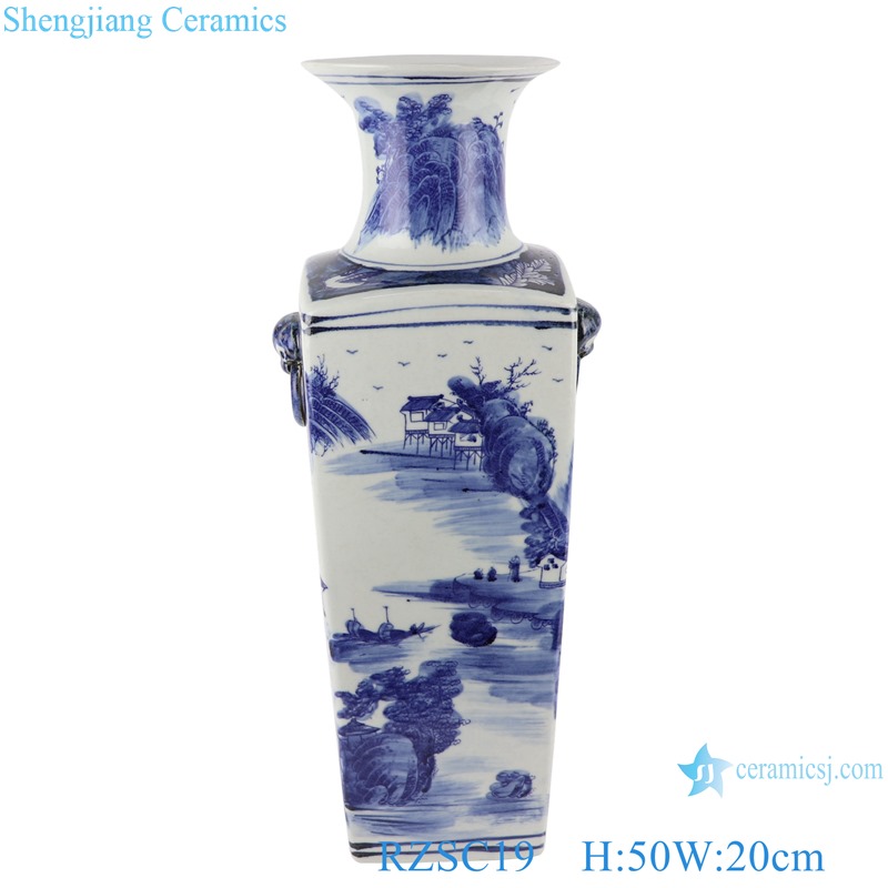 RZSC19 Blue and White porcelain Ancient Kangxi Dynasty landscape pattern Square shape Ceramic Vase
