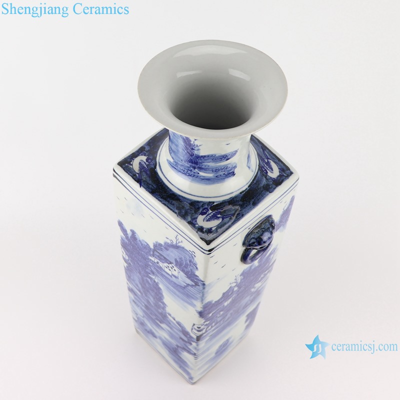 RZSC19  Blue and White porcelain Ancient Kangxi Dynasty landscape pattern Square shape Ceramic Vase