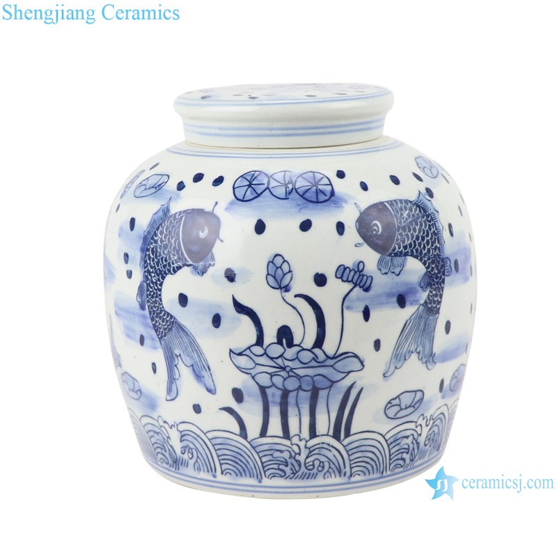 RZSI10-C Home storage box Blue and white porcelain lotus fish swim pattern storage pots Tea canister jars