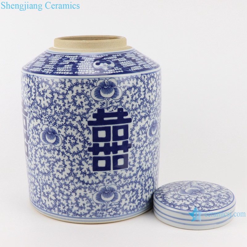 RZSI14 Blue and white Porcelain The character for happiness Winding Flower Straight Storage container Tea Canister Pot
