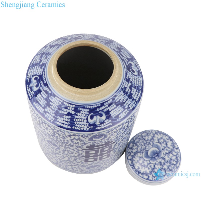 RZSI14 Blue and white Porcelain The character for happiness Winding Flower Straight Storage container Tea Canister Pot