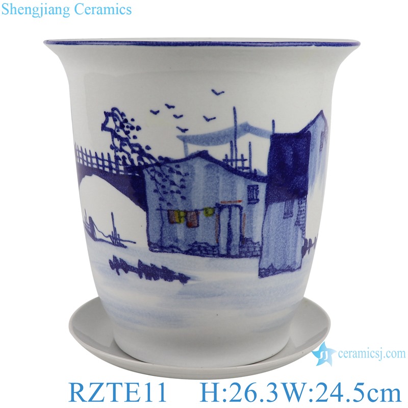  Hand-painted blue and white rural landscape design flowerpot