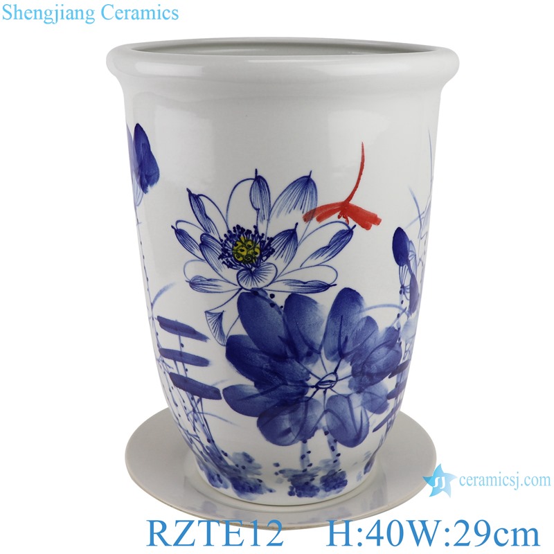 Hand-painted blue and white flower pot with lotus dragonfly pattern