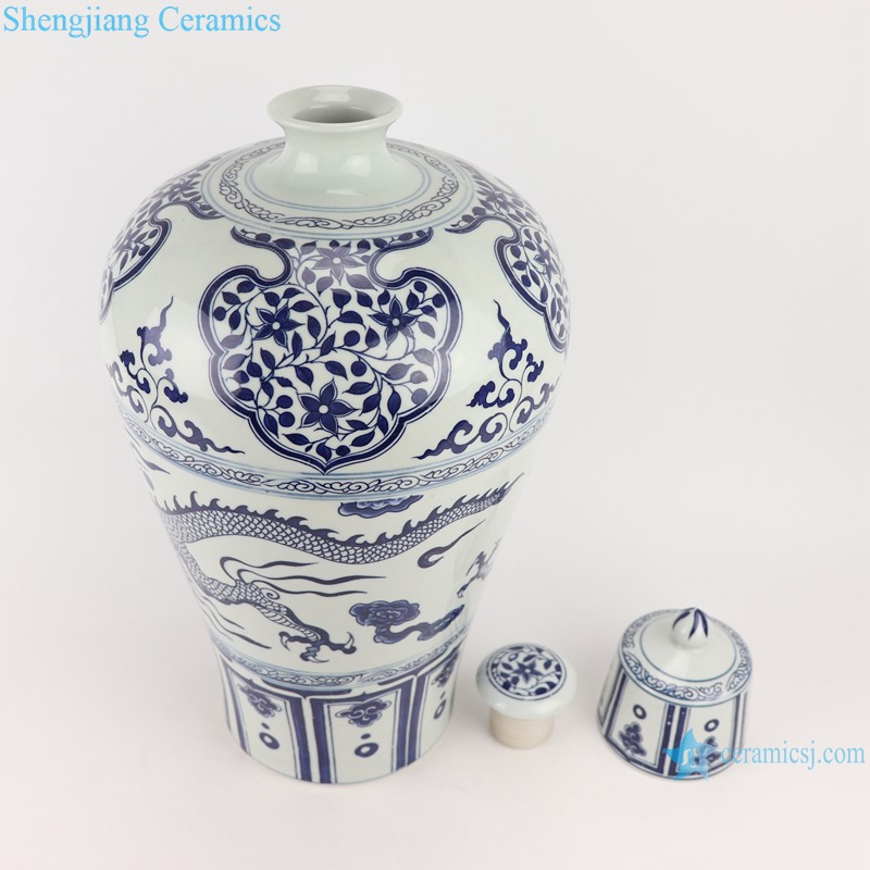 RZTE14 Blue and white plum vase with dragon design and lid