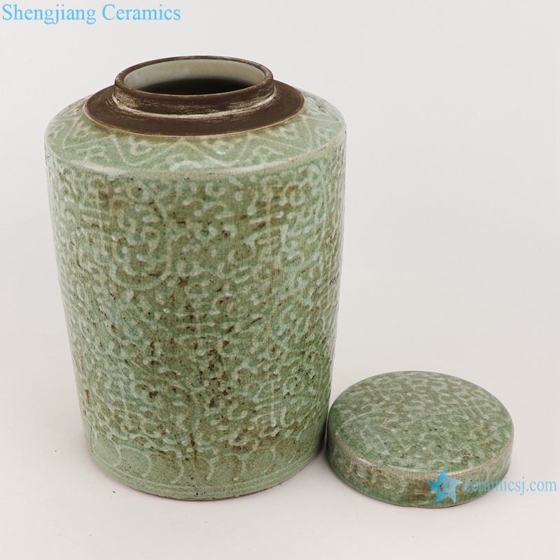 RZTL01 Classic Home storage Jars twinning line Color green glazed round tube ceramic pot Tea snack canister