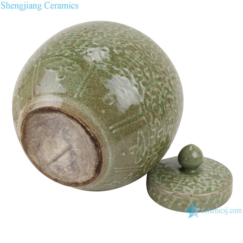 RZTL03 Color glaze crack light green carved twig pattern pot with lid