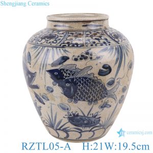 RZTL05-A Blue and white cracked fish grass design pot storage