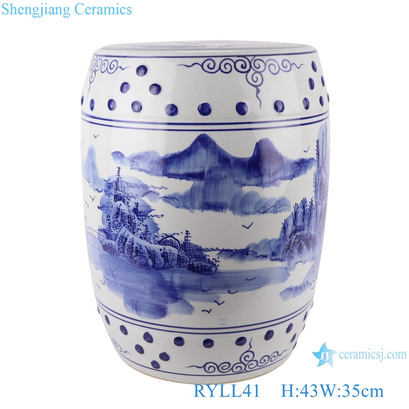 RYLL41 Ceramic Garden Stools Blue and white porcelain Landscape pattern drum shaped stool