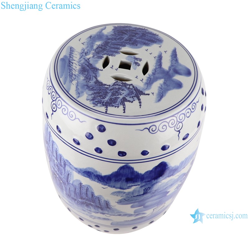 RYLL41 Ceramic Garden Stools Blue and white porcelain Landscape pattern drum shaped stool