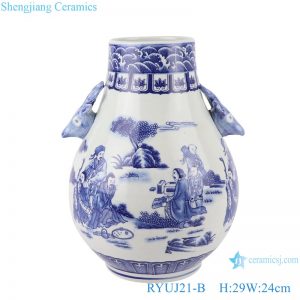 RYUJ21-B Blue and White Porcelain The character Landscape pattern with two Dear head Ceramic Vase