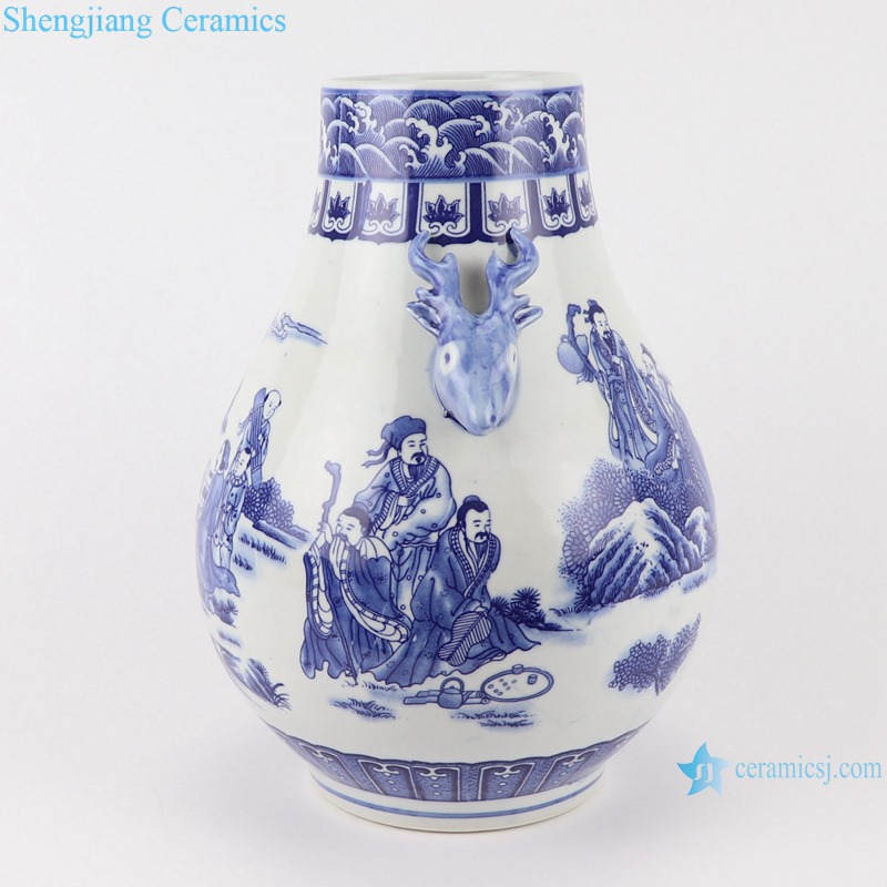 RYUJ21-B Blue and White Porcelain The character Landscape pattern with two Dear head Ceramic Vase