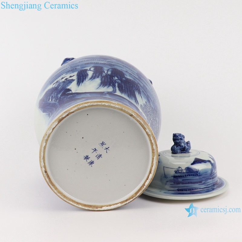 RYWD34-A-B Blue and White Landscape winding peony flower pattern with lion head Porcelain Storage Ginger jars Tank