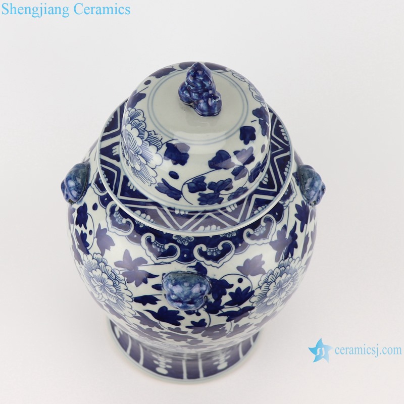 RYWD34-A-B Blue and White Landscape winding peony flower pattern with lion head Porcelain Storage Ginger jars Tank
