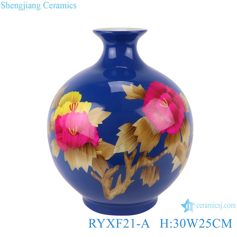 RYXF21 Crystal Glazed blue white yellow black Peony flower Ceramic Vase Pomegranate bottle Shape