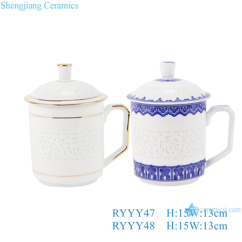 RYYY47 Modern Hollow out FU ZI Blessing word Exquisite Blue and White Porcelain White gold trim Tea Cups for home and office