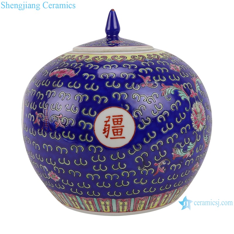 RZBU10 Chinese letter "Many happy returns of the day to eternity " Famille rose Dark blue Watermelon shape Jars storage pot