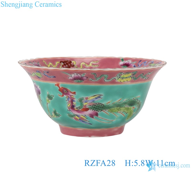 RZFA28 4.5inch Ancient Famille rose phoenix design Green porcelain wide bowl