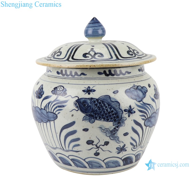 RZFB34-A-B Blue and White Porcelain Landscape Fish and algae Pattern Porcelain Storage Jars Pot