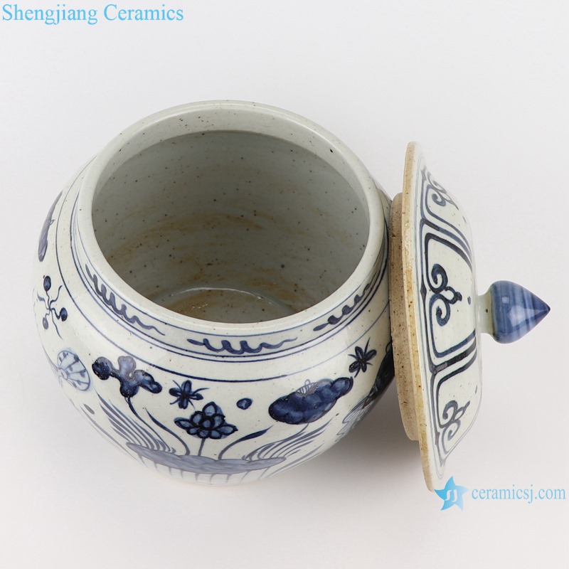 RZFB34-A-B Blue and White Porcelain Landscape Fish and algae Pattern Porcelain Storage Jars Pot