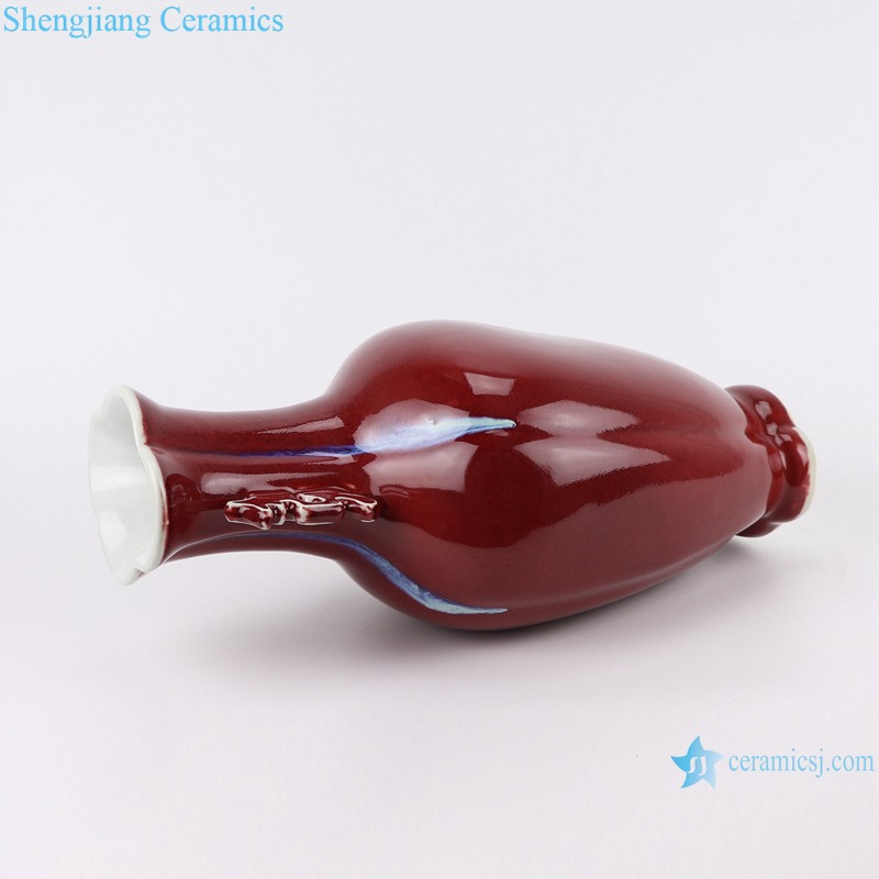 Color glaze red fish tail shape vase with two ears