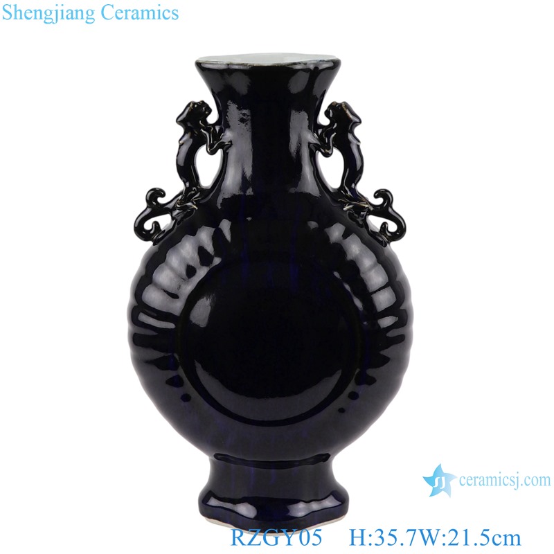 Color glaze black dragon double ears pattern flower mouth shape vase