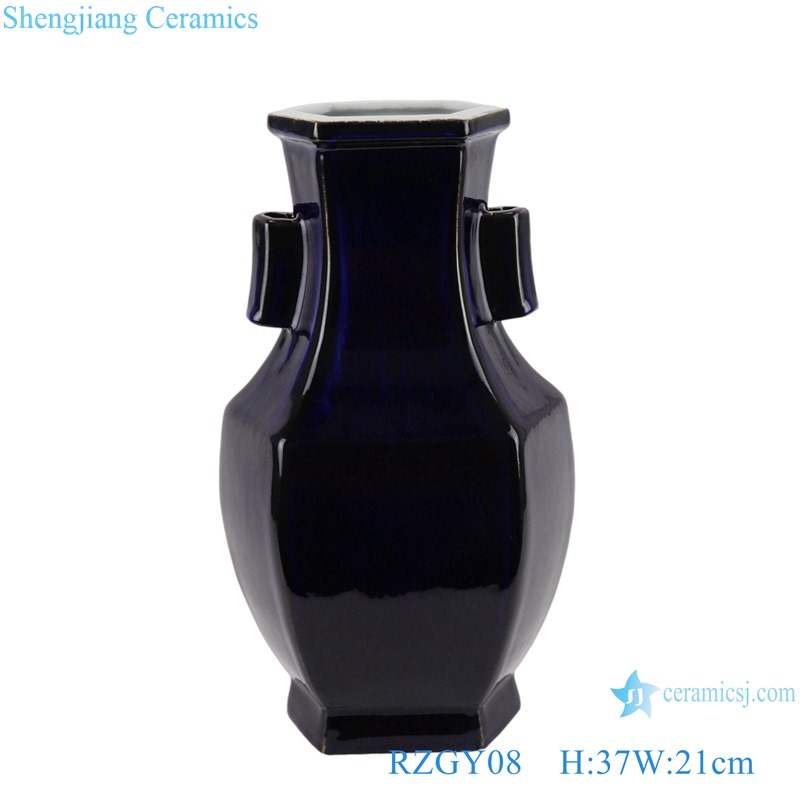  Color glaze black six-sided with two-ear shape porcelain vase