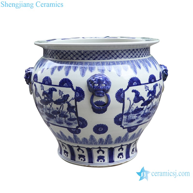 Blue and white handmade porcelain pots of lotus design with ears